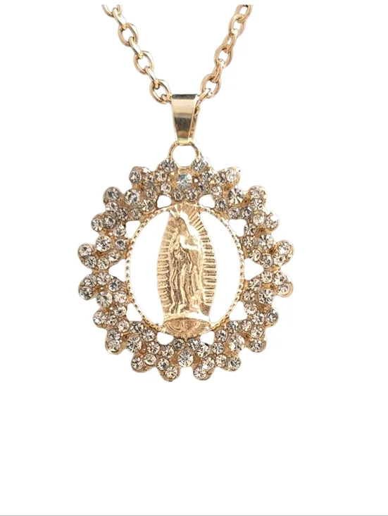 Gold Crystal Virgin Mary Pendant Necklace - Women Jewelry - Picture 4 of 6
